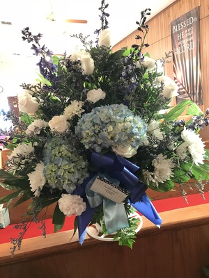 Blue and White Funeral Basket from Kelley's Florist in Lake Placid, FL